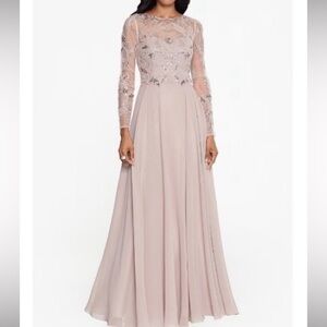 XSCAPE.  Illusion Crew Neck Long Sleeve Floral Beaded Bodice Chiffon Gown.